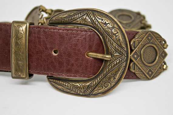 KUDOS Brown Leather Concho Belt - 80s Leather and Metal