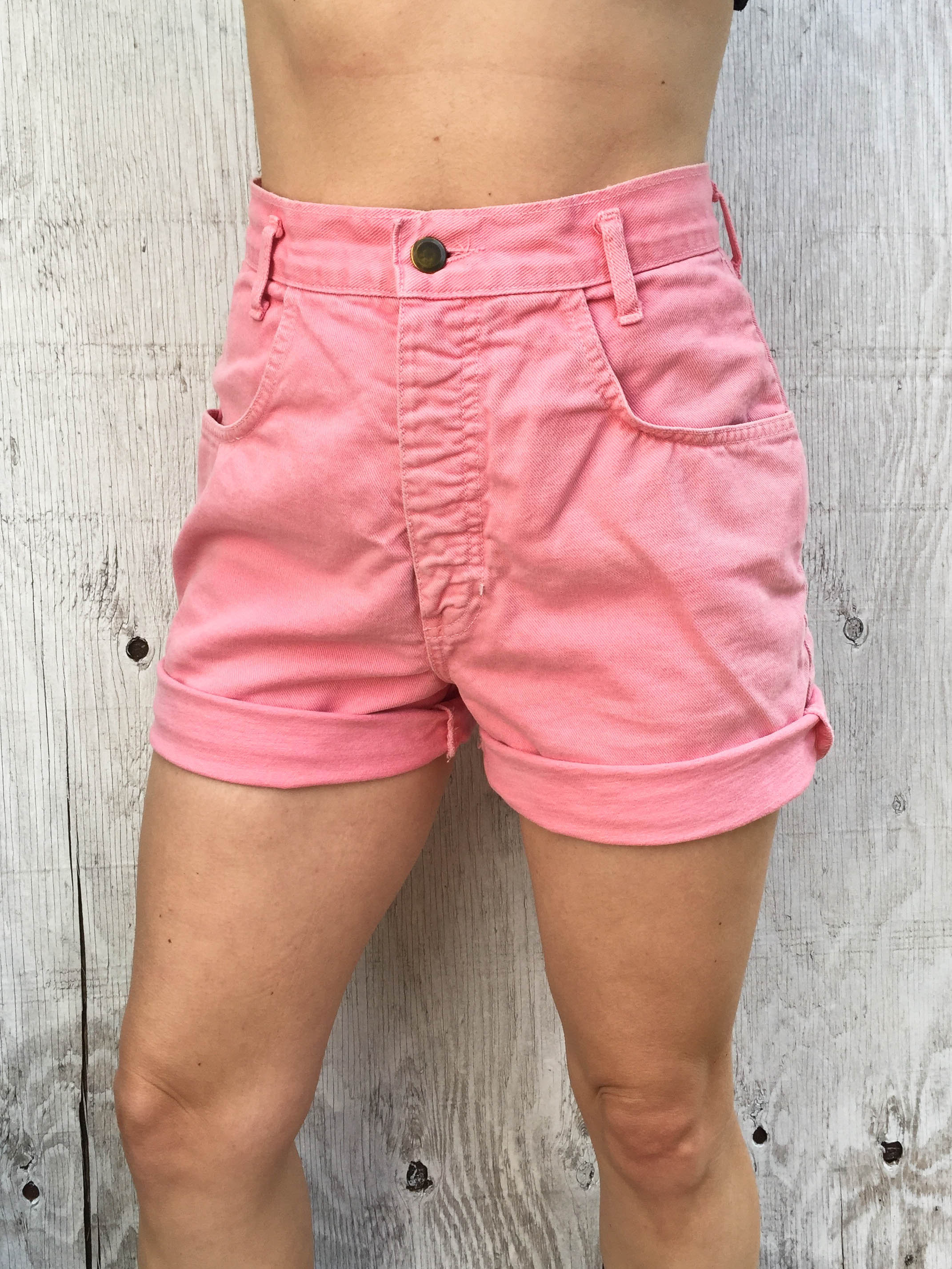 pink high waisted denim shorts