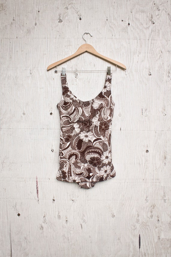60s One Piece Bathing Suit - Brown Floral Pin Up P
