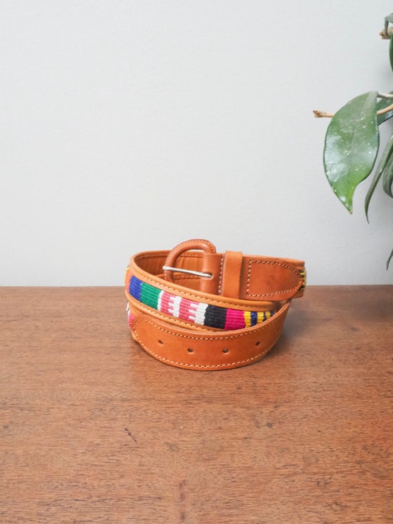 Fabric wrapped Tooled Leather Belt - Size 34 - Mex