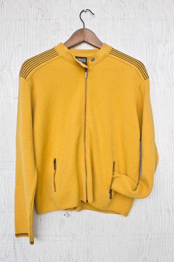 AlchemillaMercantile Versace Jeans Couture Zip Up Sweater - Vintage Versace Mustard Yellow Sweater - Merino Wool - Italy - Vintage Versace Jeans Couture