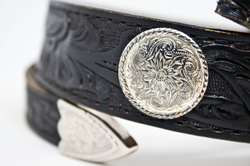 Small Size Vtg Leather and Concho Belt Vintage Silver Colored Concho Leather Belt 90s Black Leather and Concho Belt Western Fashion
