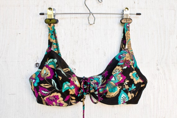 80s Bikini Top - 90s Black Floral Tie Up Bust Swim