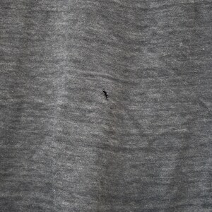 May include: A close-up of a gray fabric with a small hole in the center.