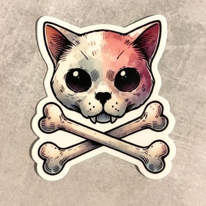 Sticker kat en gekruiste knekels | aquarel kat | kattensticker | vinylsticker | waterdichte kattensticker waterfles