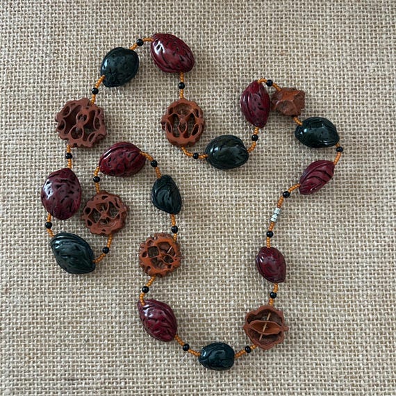 1970s Carved Fruit Pit Boho Necklace • Natural Seed & Resin Beads • Earthy Hippie Jewelry • Festival Layering Necklace • Retro Artisan Style