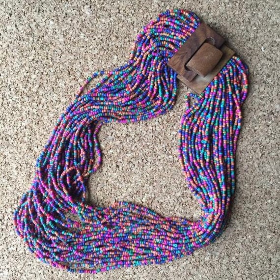 Layered Seed Bead Wood Necklace Native Style Handmade Jewelry