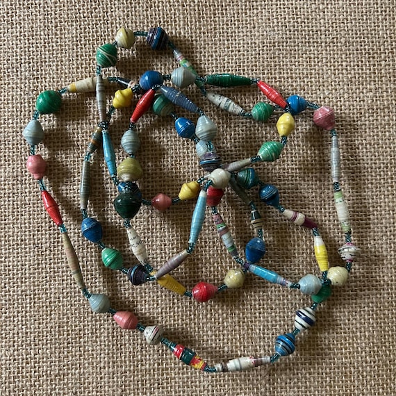Paper Bead Necklace – Hand-Rolled African-Style Beads – Long Multicolor Eco Jewelry – Upcycled Boho Statement Necklace