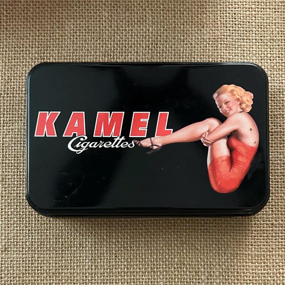 Kamel Cigarettes Pin-Up Tin with 2 Sealed Playing Card Decks | R.J. Reynolds Promo Collectible | Retro Pin-Up Bar Decor