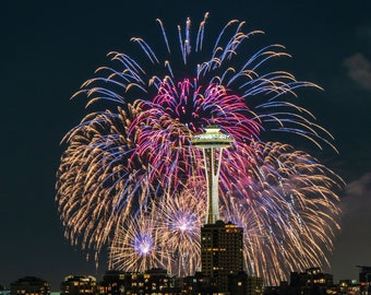 Space Needle, Fireworks, Cityscape, Large Wall Art Prints, Building Art, 4th of July, Reflection, Seattle, Skyline