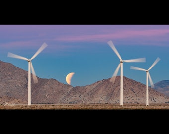 Palm Springs Lunar Eclipse, Wind Turbines, Palm Springs, Landscape Photo, California, Large Wall Art Prints, Building Art, Canvas