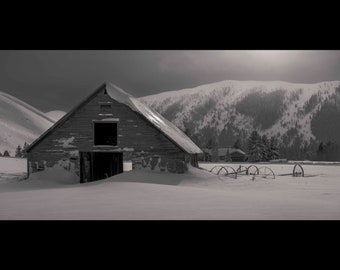 Hailey Barn, Landscape Photo, Black & White, Large Wall Art Prints, Building Art, Snow, Idaho, Sun Valley