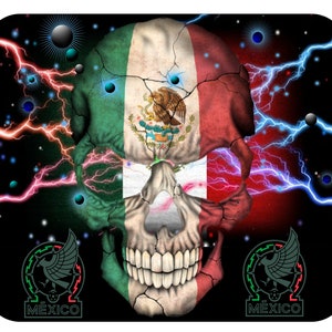 May include: A skull with the Mexican flag superimposed on it. The skull is surrounded by lightning bolts and stars. The text "#2" appears on either side of the image. The text "MEXICO" appears at the bottom of the image.