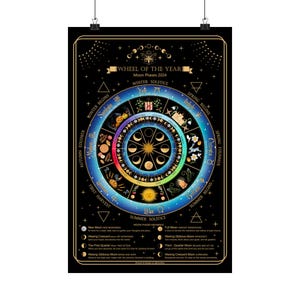 Wiccan Wheel of the Year  / Lunar Calendar 2025 ~ Moon Phases/ Seasonal Calendar/ Pagan Festivals/ Premium Matte vertical posters
