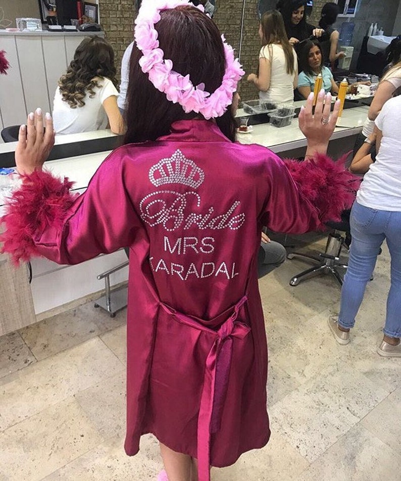 bridesmaids gift ideas with FEATHER bridesmaids robes FUSHIA Color Personalized Satin Bridal Robe with Embroidered Title in Crystals