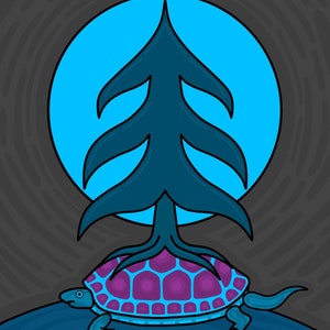 May include: A stylized blue tree with roots growing out of the bottom, resting on the back of a purple and blue turtle. The turtle is walking on a blue surface with a gray background.