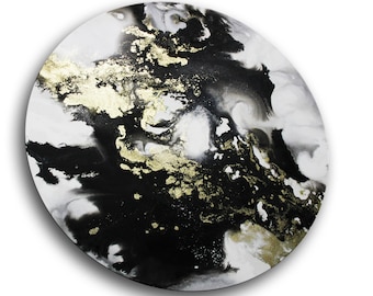 FANTASIA Pittura Acrilica Immagine Astratta Arte Decorazione Rotonda Nero Oro Bianco Acquerello su tela