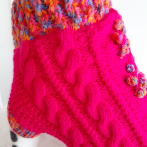 May include: A bright pink knitted dog sweater with a colourful, multi-coloured knit collar. The sweater has a cable knit pattern and decorative buttons.