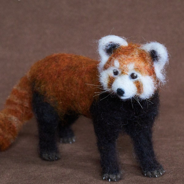 Needle felted red panda, felt animal figurine, realistic soft sculpture of a lesser panda, cat-bear