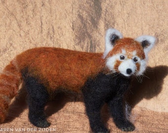 Needle felted red panda, felt animal figurine, realistic soft sculpture of a lesser panda, cat-bear