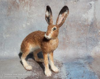 Needle Felted Hare | Wool Felt Jackrabbit Figurine | Realistic Animal Felting Decoration