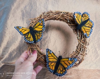 Needle Felted Butterfly, Monarch Butterfly, needle felted butterflies wreath, Milkweed, Common Tiger wall hanging