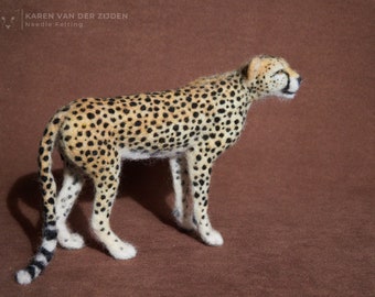 Needle Felted Cheetah - felt animal figurine, realistic big cat ornament, African wildlife statue