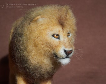 Needle Felted Lion, felt animal, realistic big cat figurine,  handmade African safari ornament, fibre art statue