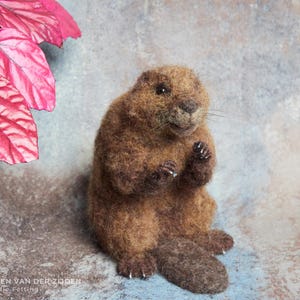 Realistic needle felted beaver sculpture, measuring just over 5 3/4 inches tall.