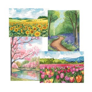 Conjunto de cartões de saudação com arte floral para impressão - Tulipas, girassóis, flores de cerejeira, flores de sino azuis - JPEG digital