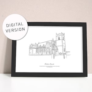 Versione digitale Disegno lineare Illustrazione personalizzata della chiesa o del luogo del matrimonio / Regalo di nozze / Regalo di anniversario / Illustrato / Sposa e sposo