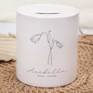 Gepersonaliseerde spaarpot nieuw babycadeau, geboortebloem muntbank, pasgeboren geboortebloem cadeau, cadeaus babymeisje, keramisch spaarvarken, decor kinderkamer
