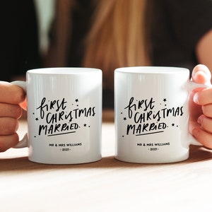 Personalised First Christmas Married Mugs, Mr and Mrs Mugs, Personalised Wedding Gift, Gift for the Couple, Newlyweds Christmas Mug Set
