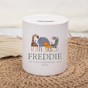 Personalised Money Box Christening Gift, Jungle Animals Coin Bank, Baptism Gift, Boys Christening Present, Baby Gifts, Ceramic Piggy Bank