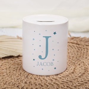 New Baby Boy Gift, Personalised Money Box Christening Gift, Blue Star Coin Bank, Baptism Gift, Boys Christening Present, Ceramic Piggy Bank