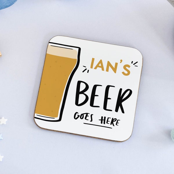 Personalised Beer Goes Here Coaster, Beer Gift, Gift for Him, Dad Gift, Gift for Beer Lover, Bar Gift, Bar Decor, Barcart Decoration