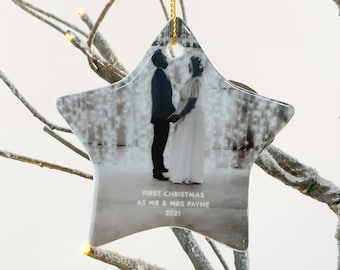 Personalised Wedding Photo Christmas Decoration, Christmas Gift for Newlyweds, Mr & Mrs Christmas Keepsake, First Christmas Married Bauble