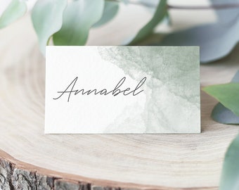 Wedding Place Cards | Sage Green Name Cards | Watercolour effect wedding reception table setting | Calligraphy names green | stationery