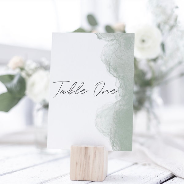 Wedding Table Number Cards | Sage Green Table Name Cards | Watercolour effect wedding reception table setting | Calligraphy | stationery