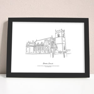 Line Drawing Custom Wedding Church or Venue Illustration Print | Wedding Gift | Anniversary Gift  | Illustrated | Present | Bride and Groom