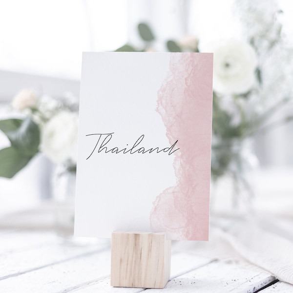 Wedding Table Number Cards | Blush Pink Table Name Cards | Watercolour effect wedding reception table setting | Calligraphy | stationery