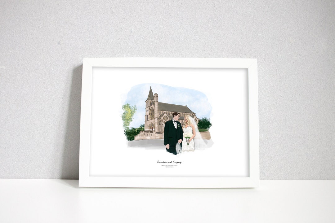 Custom Bride and Groom Portrait and Wedding Venue or Church ...