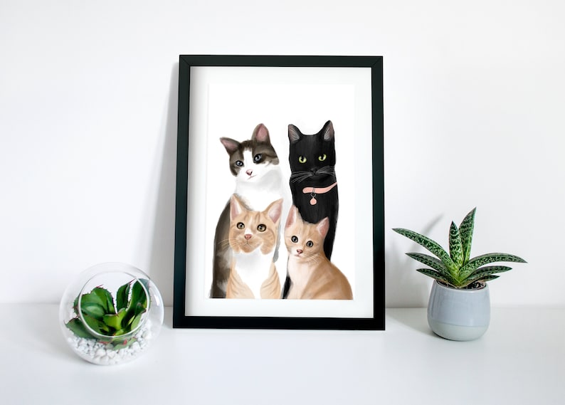 Multiple Pet Portrait Custom Illustration Print Personalised Dog Gift For Owners Cat Gift Customised Drawing Unframed Pets Cats Dogs