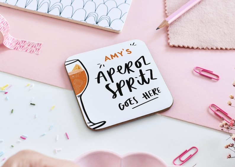 Personalised Aperol Spritz Goes Here Coaster, Aperol Spritz Gift, Gift for Aperol Spritz Lover, Gift for Friend, Cocktail Coaster, Bar Decor image 2