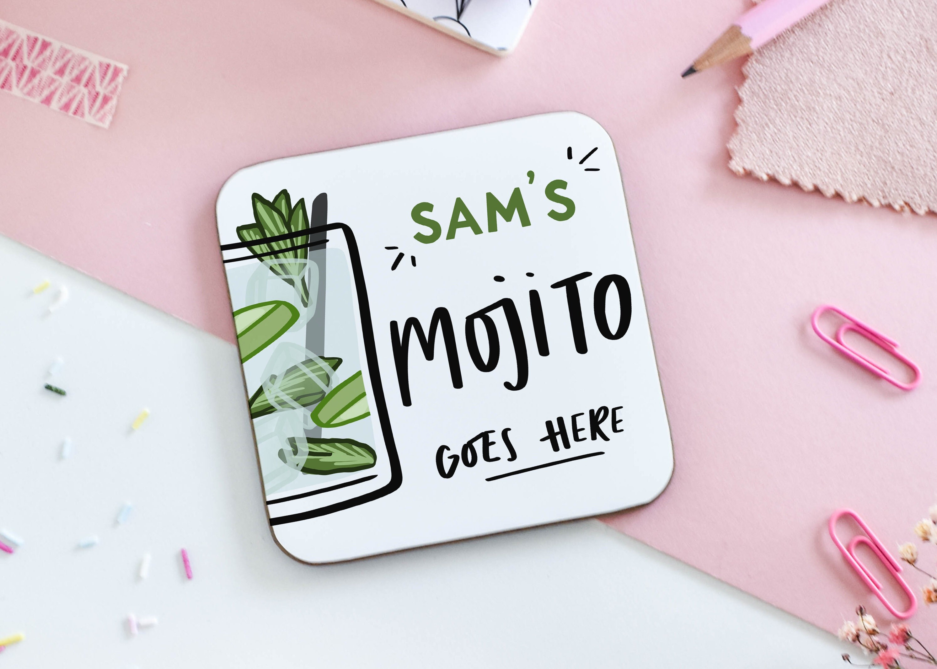 Personalised Mojito Goes Here Coaster, Cocktail Gift, Gift for Mojito Lover, Gift for Friend, Bar Décor, Bar Cart Gift