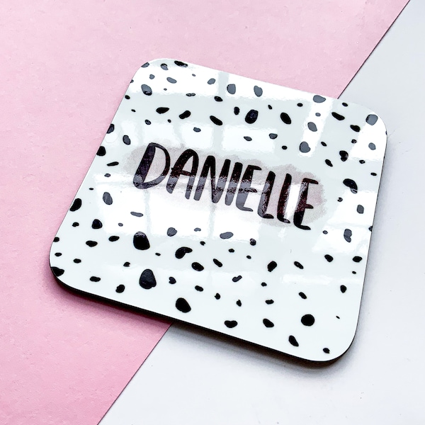 Personalised Dalmatian Print Coaster | Digitally Hand-Lettered Coaster | Polka Dot Office Desk Gift | New Job Gift | Personalised Coaster