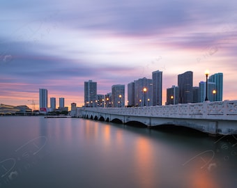 Fine Art Photo Print - Miami Venetian Causeway Skyline Sunset Picture | Choose Standard Print, Canvas, Metal or Acrylic | Miami Downtown