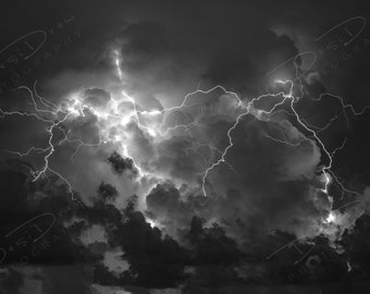 Fine Art Photo Print - Black and White Lightning Thunderstorm Ball of Lighting Picture | Choose Standard Print, Canvas, Metal or Acrylic