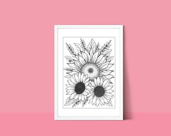 May include: Black and white line art print of three sunflowers in a bouquet. The sunflowers are drawn with intricate details and are surrounded by leaves and stems.