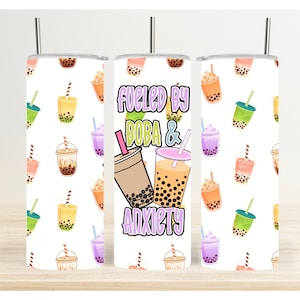 Boba Skinny Tumbler Wrap PNG, Boba PNG, Bubble Tea PNG, Fueled by Anxiety Skinny Tumbler Wrap Design Sublimation Digital Download - png